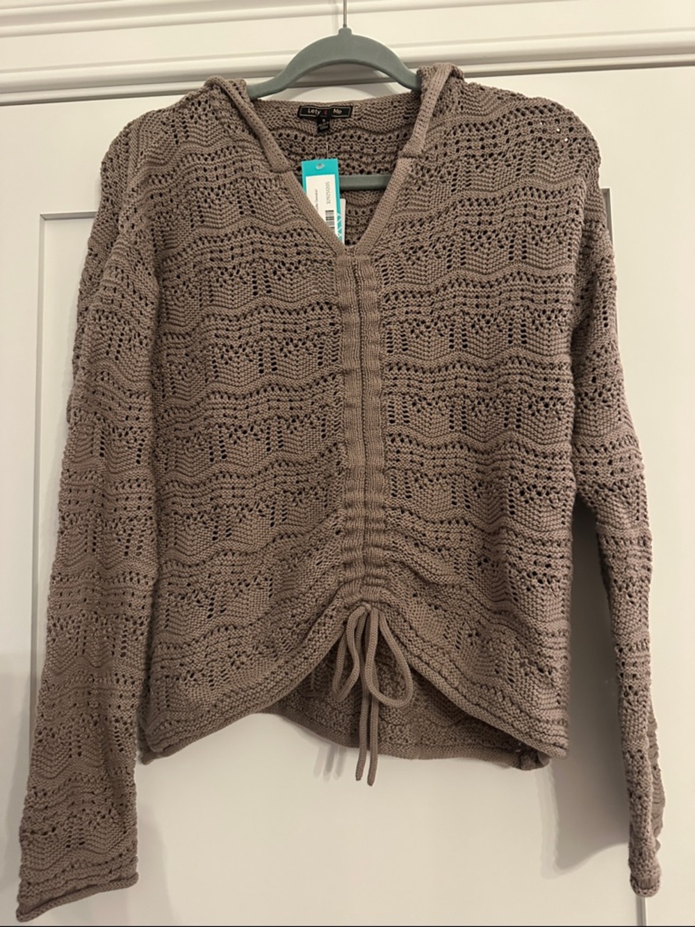 Women’s Taupe Hooded Crochet Drawstring Sweater